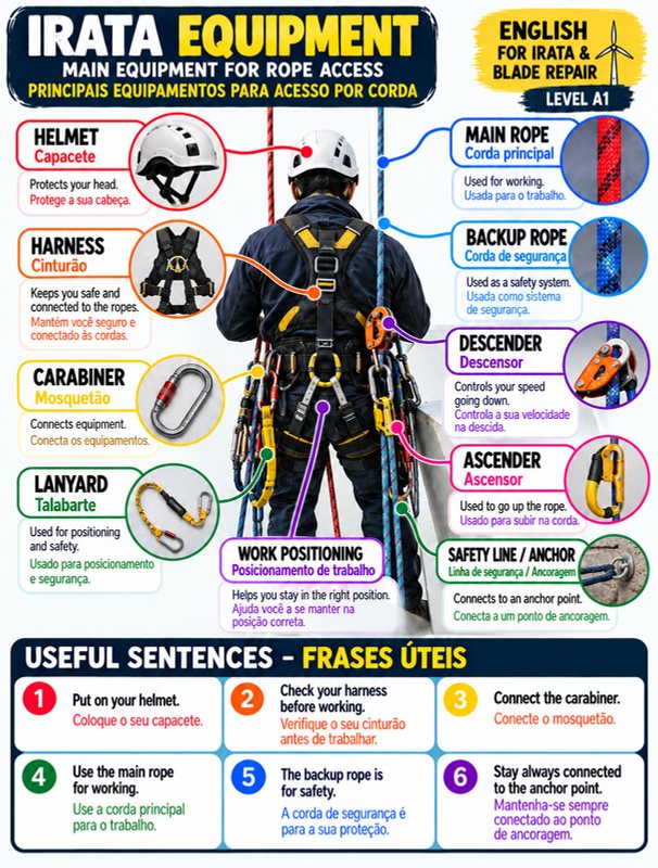 Mapa IRATA Equipment do material: os principais equipamentos para acesso por corda, como capacete, cinturão, mosquetão, talabarte, corda principal, corda de segurança, descensor e ascensor, cada um em inglês e português, e frases úteis no fim
